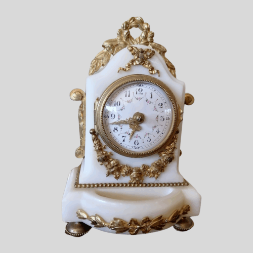 JP19 - French Alabaster & Ormolu miniature mantle timepiece.